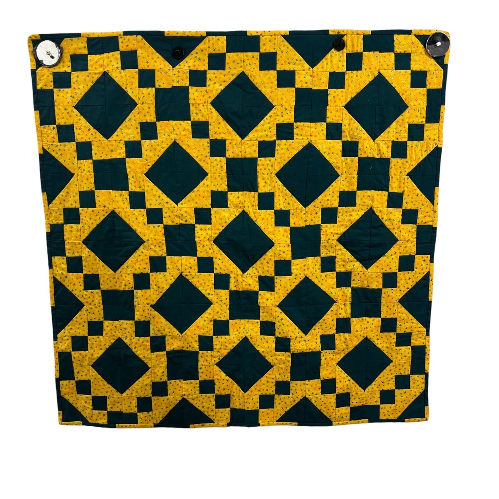 Handmade Barbara Vajda Tumbling Diamonds Wall Hanging Quilt Teal Yellow Star